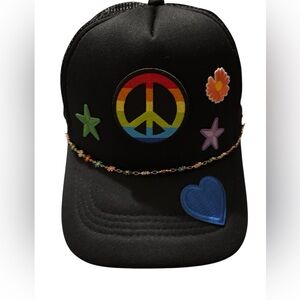 Black Trucker Hat with Peace Sign and Colorful Patches